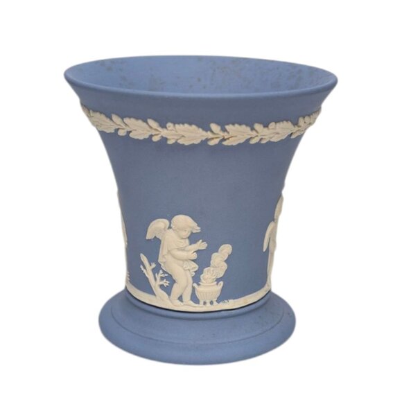 Vtg Wedgewood Jasperware Trumpet Vase Blue Neoclassical Raised Relief 3.5" - Picture 2 of 14